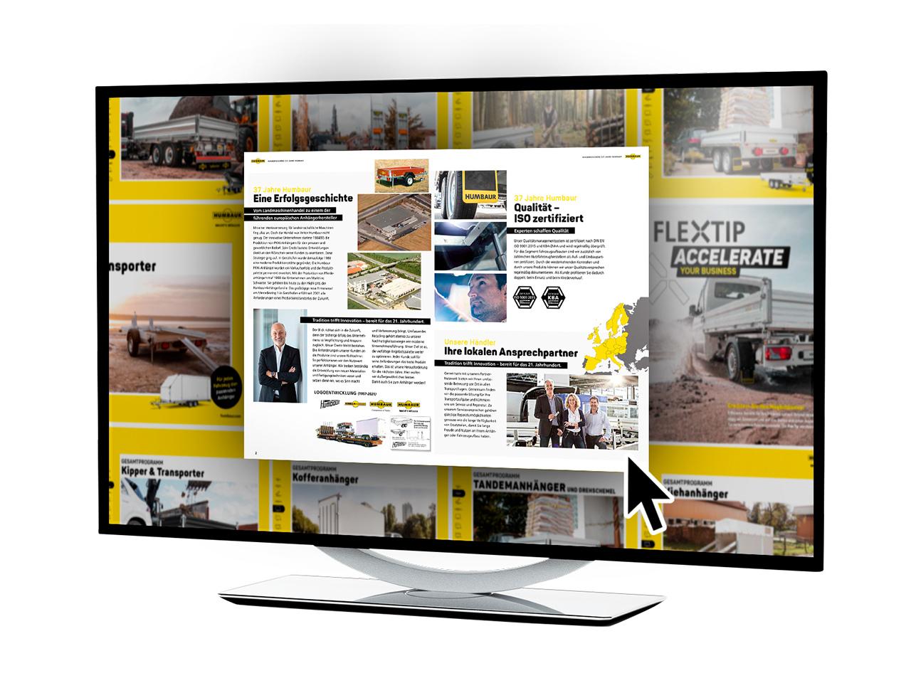 Scherm waarop digitale brochures van Humbaur worden weergegeven | © Humbaur GmbH