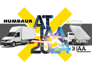 Zwei Humbaur Fahrzeugaufbauten auf grauem Hintergrund als Ankündigung zur IAA TRANSPORTATION 2024 | © Humbaur GmbH