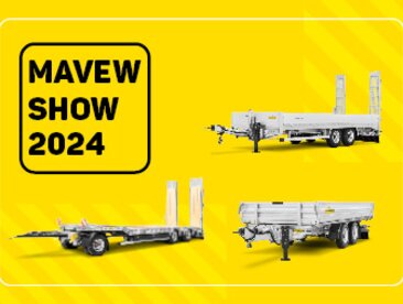Drei Humbaur Schwerlastanhänger auf gelbem Hintergrund als Ankündigung zur Mawev Show 2024 | © Humbaur GmbH