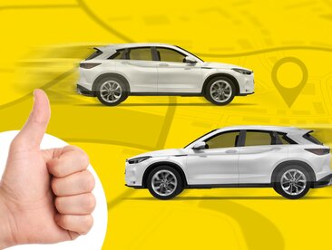 Hand mit Daumen nach oben, daneben zwei Autos in entgegengesetzter Fahrtrichtung auf gelbem Hintergrund | © Humbaur GmbH