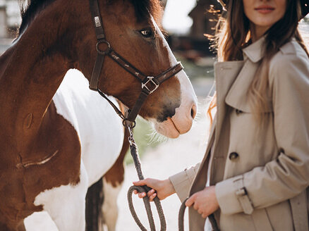 Au premier plan, un cheval marron est tenu par une femme en manteau.