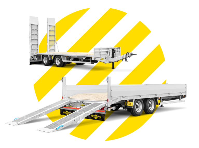 Two trailers of the Humbaur HBT/ HBTZ model series with folded and extended access ramps on a striped yellow background | © Humbaur GmbH